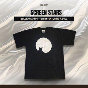 Black Graphic T-Shirt Featuring A Bull Silhouette By Screen Stars - Size L
